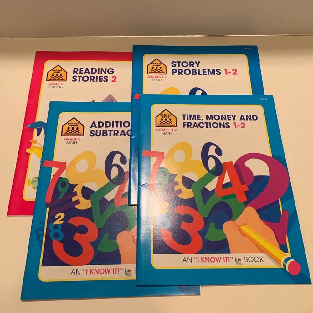 SCHOOL ZONE: SET OF 4 KID’S SCHOOL WORKBOOKS.